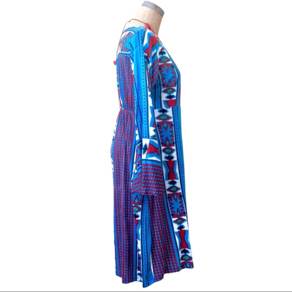 Aztec Print Dress Blue Red White Black Bell Sleeves Small S NWT - Picture 4 of 6